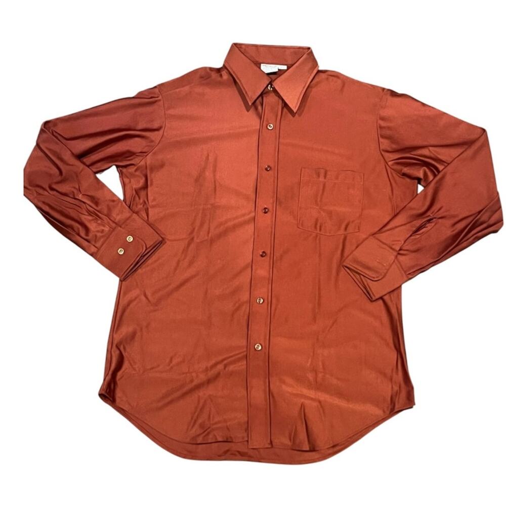 Vintage 70s Qiana DuPont Disco Shirt Dagger Collar Burn Orange Men's M 15.5